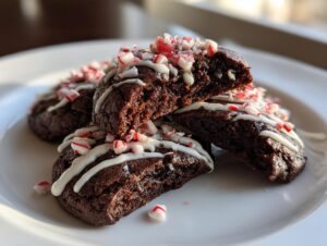 Close-up of rich, dark double chocolate peppermint cookies drizzled with white icing and crushed candy canes.