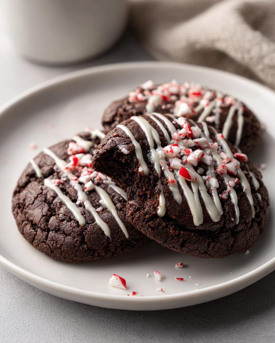 Three rich, dark double chocolate peppermint cookies drizzled with white icing and topped with crushed candy canes.
