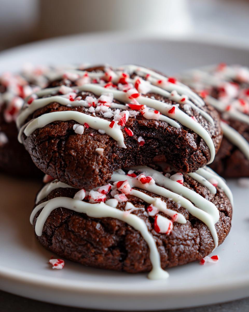 Two rich double chocolate peppermint cookies stacked, drizzled with white icing and topped with crushed candy canes.