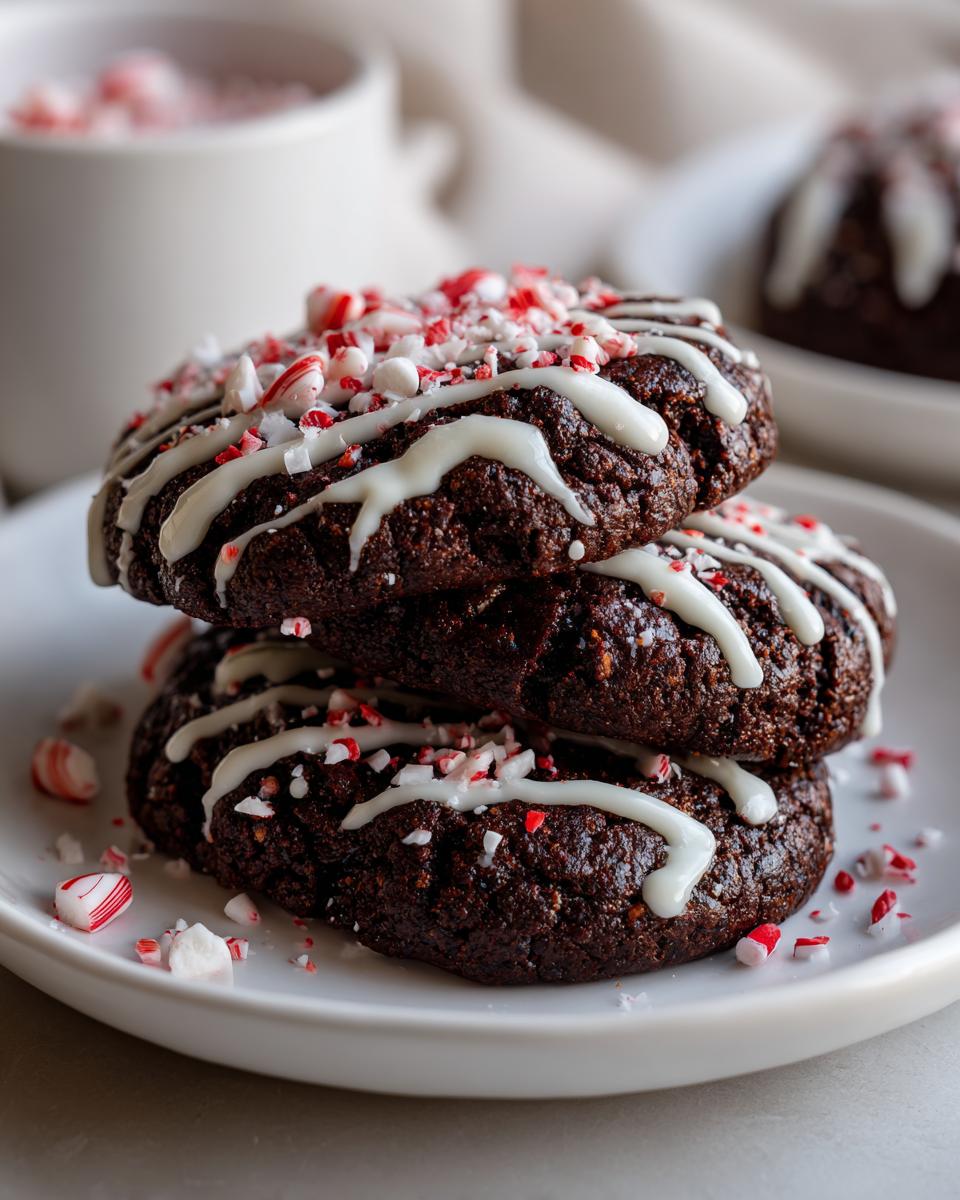 A stack of three rich double chocolate peppermint cookies drizzled with white icing and topped with crushed candy canes.