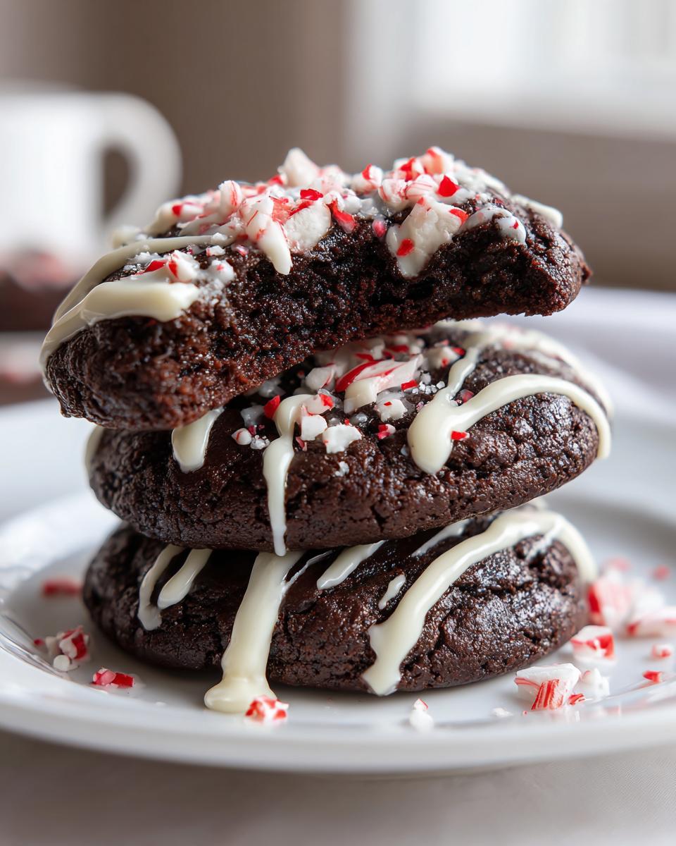 A stack of three rich, dark double chocolate peppermint cookies drizzled with white icing and crushed candy canes.
