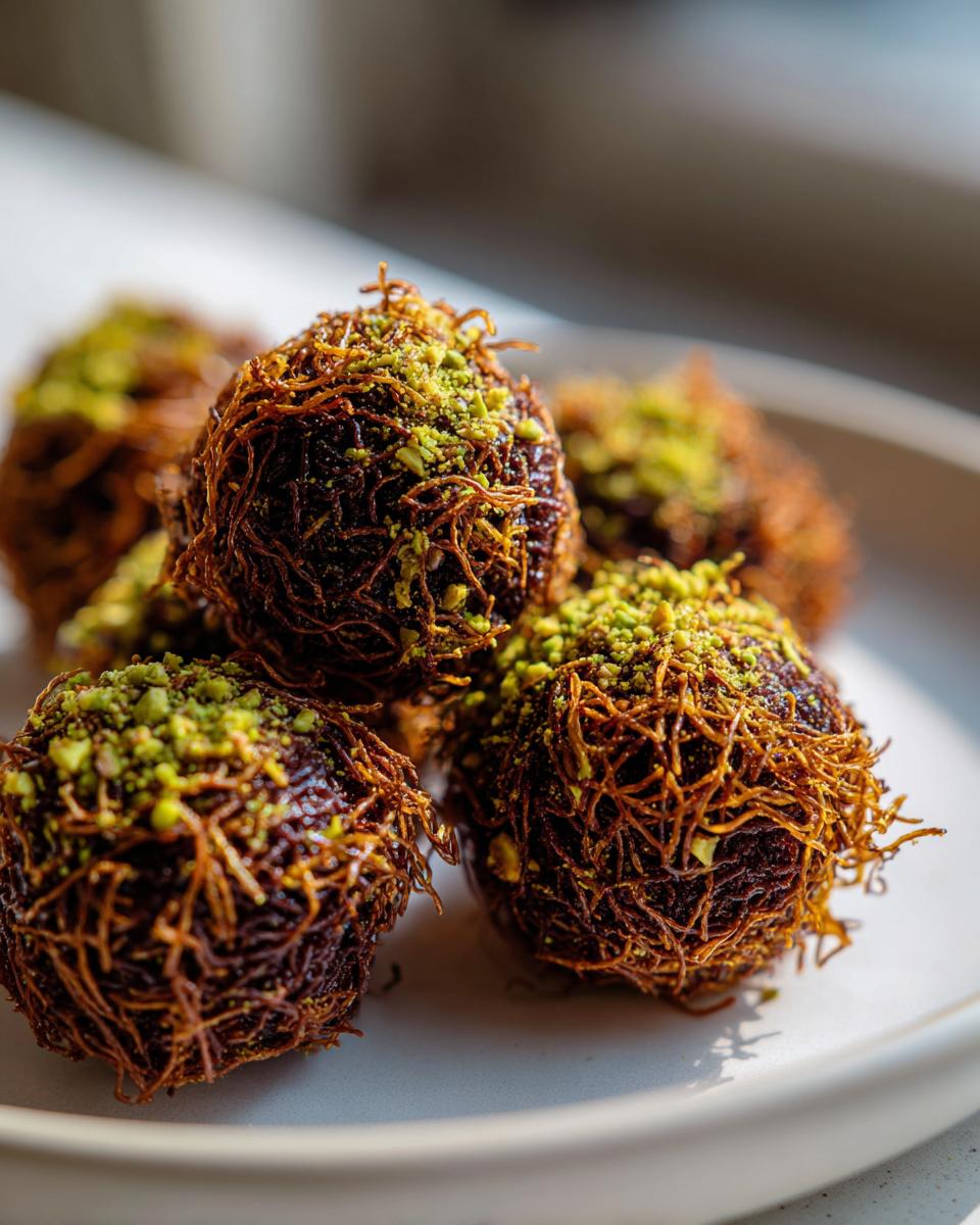 Close-up of several rich, dark dubai chocolate balls wrapped in crispy kataifi pastry and topped with crushed pistachios.