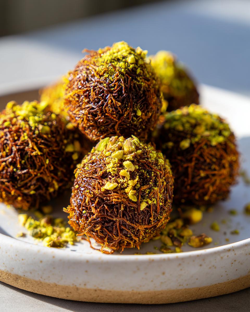 Close-up of several decadent dubai chocolate balls coated in crispy vermicelli and topped with bright green crushed pistachios.