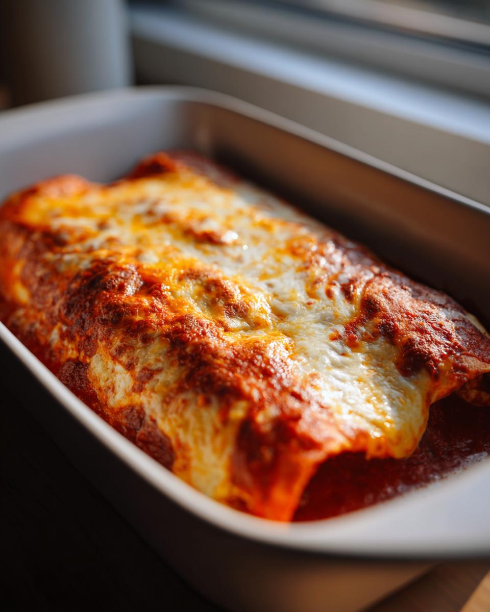 Close-up of bubbling, cheesy easy chicken enchiladas covered in red sauce in a white baking dish.
