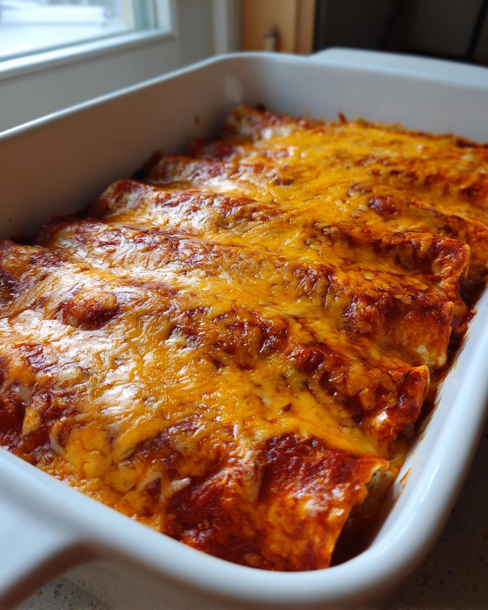 Close-up of freshly baked easy chicken enchiladas covered in melted orange cheddar cheese in a white baking dish.