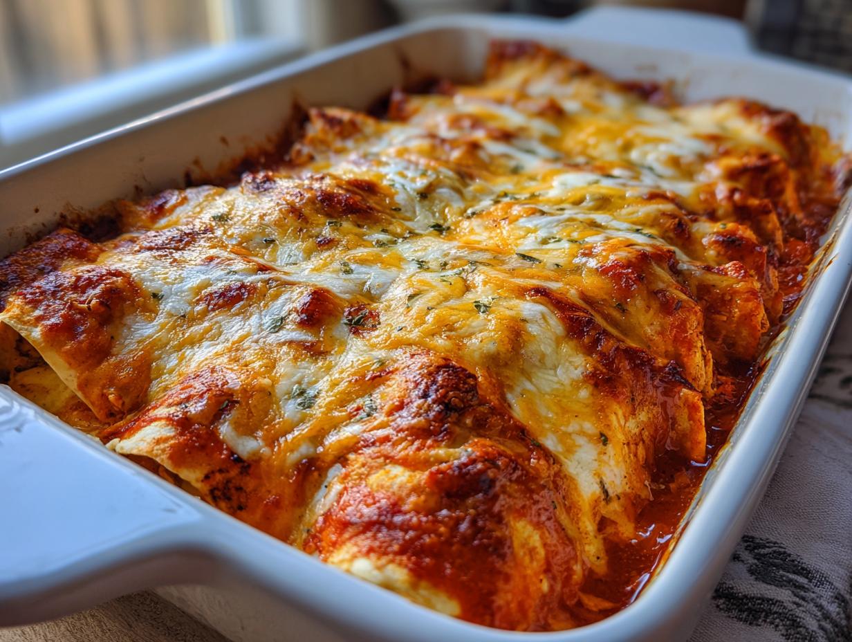 Close-up of bubbling easy chicken enchiladas covered in melted cheddar and Monterey Jack cheese in a white baking dish.