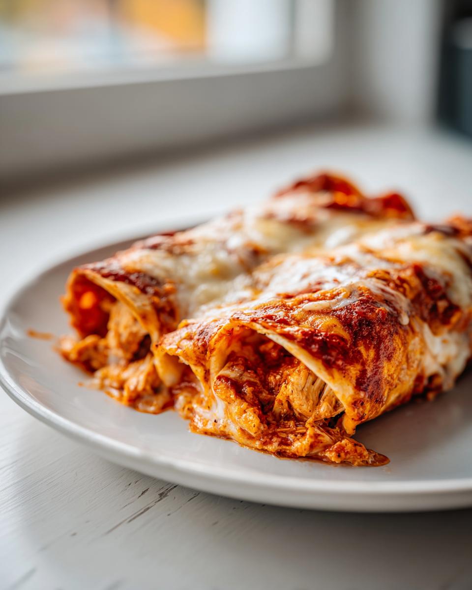 Close-up of two cheesy easy chicken enchiladas covered in red sauce and melted white cheese on a white plate.
