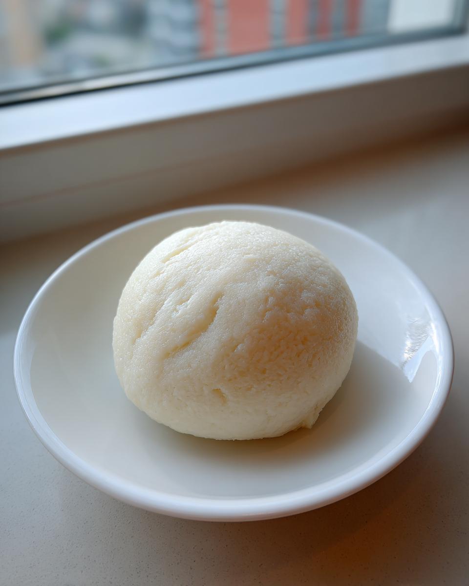 A smooth, white, round ball of fufu served on a small white plate near a window.