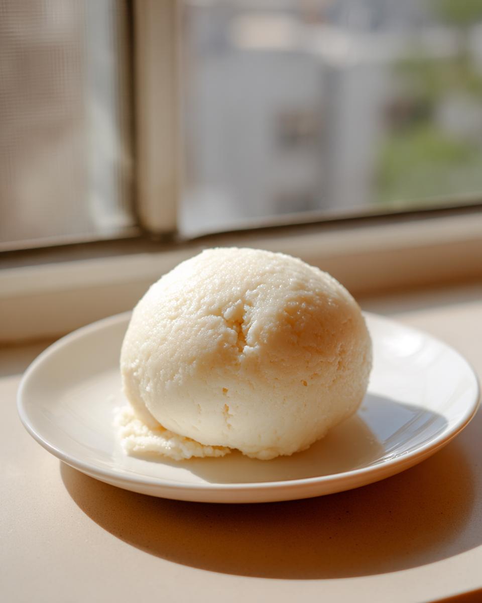 A smooth, round serving of white fufu resting on a small white plate, highlighted by bright sunlight.