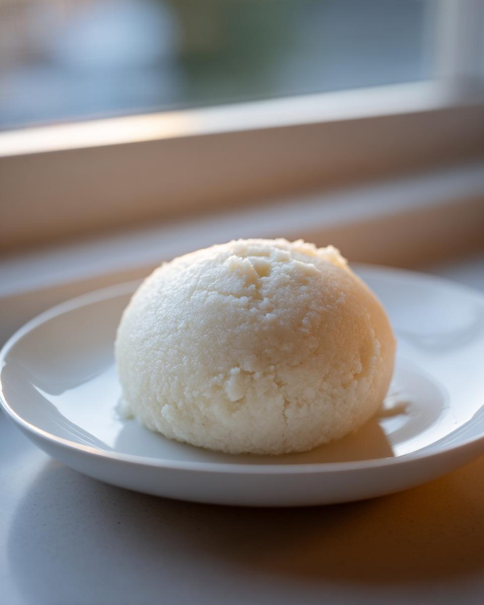 A single, smooth, white ball of fufu served on a small white plate, ready to eat.