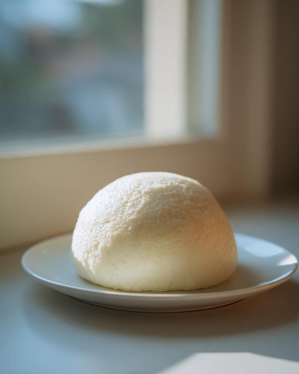 A smooth, white, dome-shaped ball of fufu resting on a small white plate, illuminated by natural light.