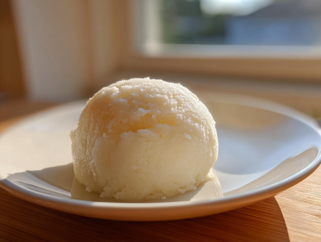 A single, smooth scoop of white fufu served on a light-colored plate, highlighted by natural sunlight.