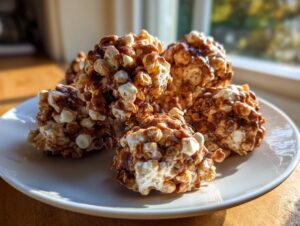 Several homemade avalanche cookies made with cereal, chocolate, and marshmallows piled on a white plate.