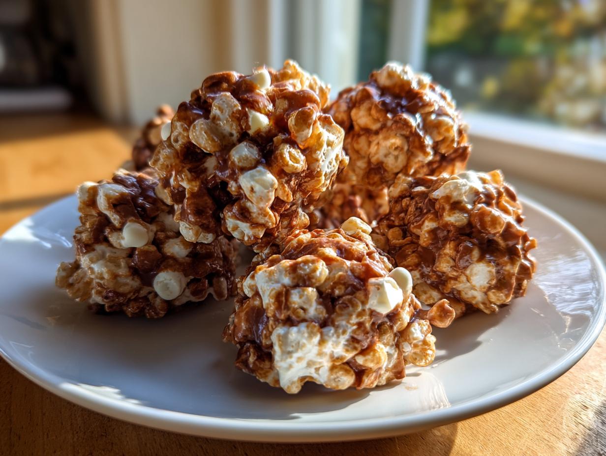 Several homemade avalanche cookies made with cereal, chocolate, and marshmallows piled on a white plate.