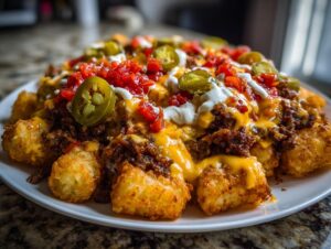 A plate piled high with crispy tater tot nachos topped with chili, melted cheese, sour cream, diced peppers, and jalapeño slices.