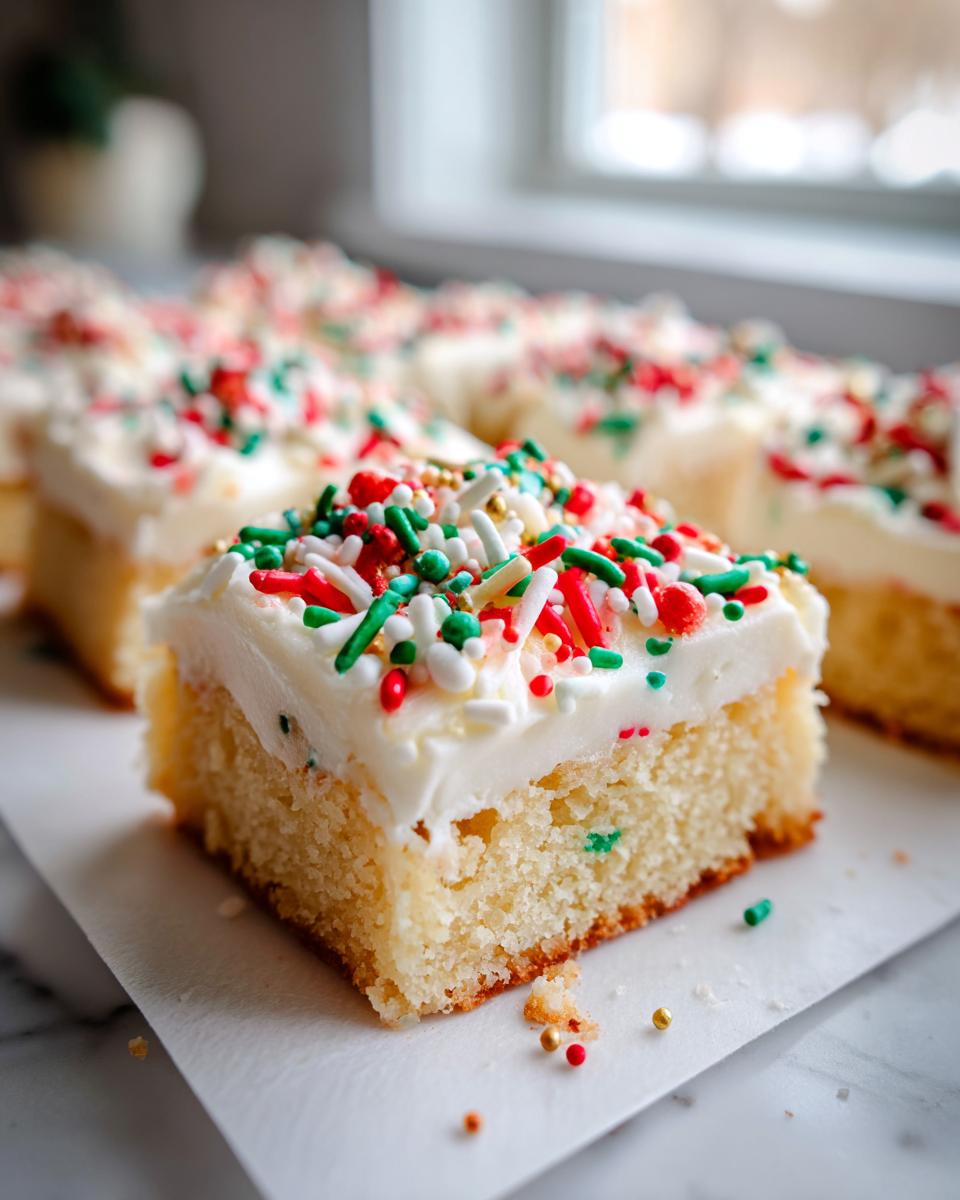 A single square of soft, yellow sugar cookie bars topped with thick white frosting and festive red, green, and gold sprinkles.