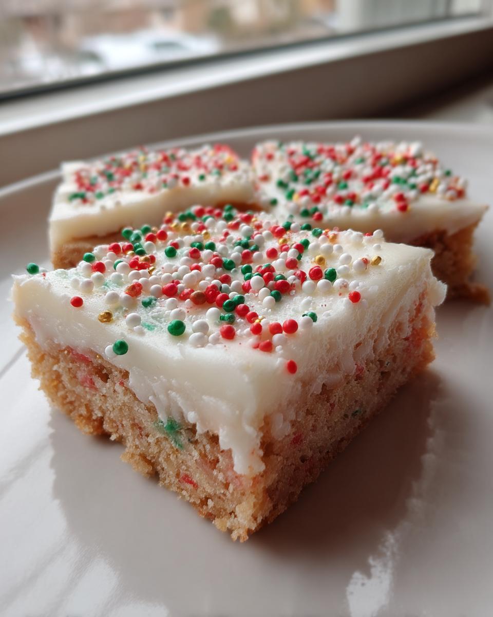 Three slices of festive sugar cookie bars topped with thick white frosting and red, green, and white sprinkles.
