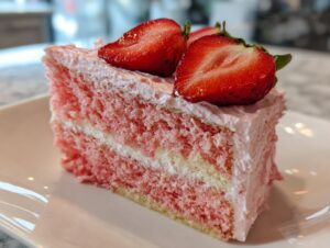 Close-up of a moist slice of pink strawberry cake layered with white filling and topped with strawberry frosting and halved fresh strawberries.