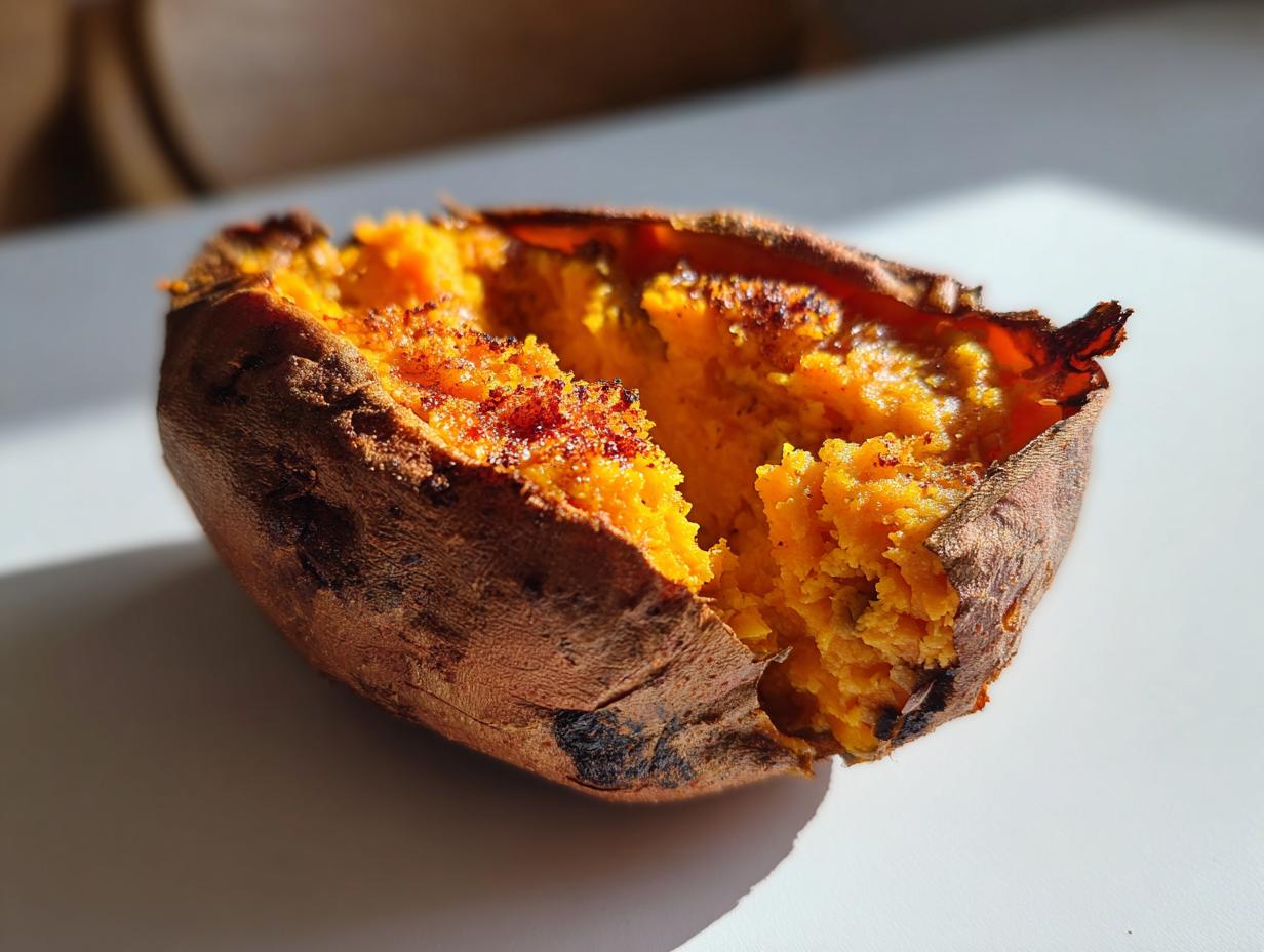 Close-up of a perfectly baked sweet potato, split open to show the fluffy, bright orange interior.
