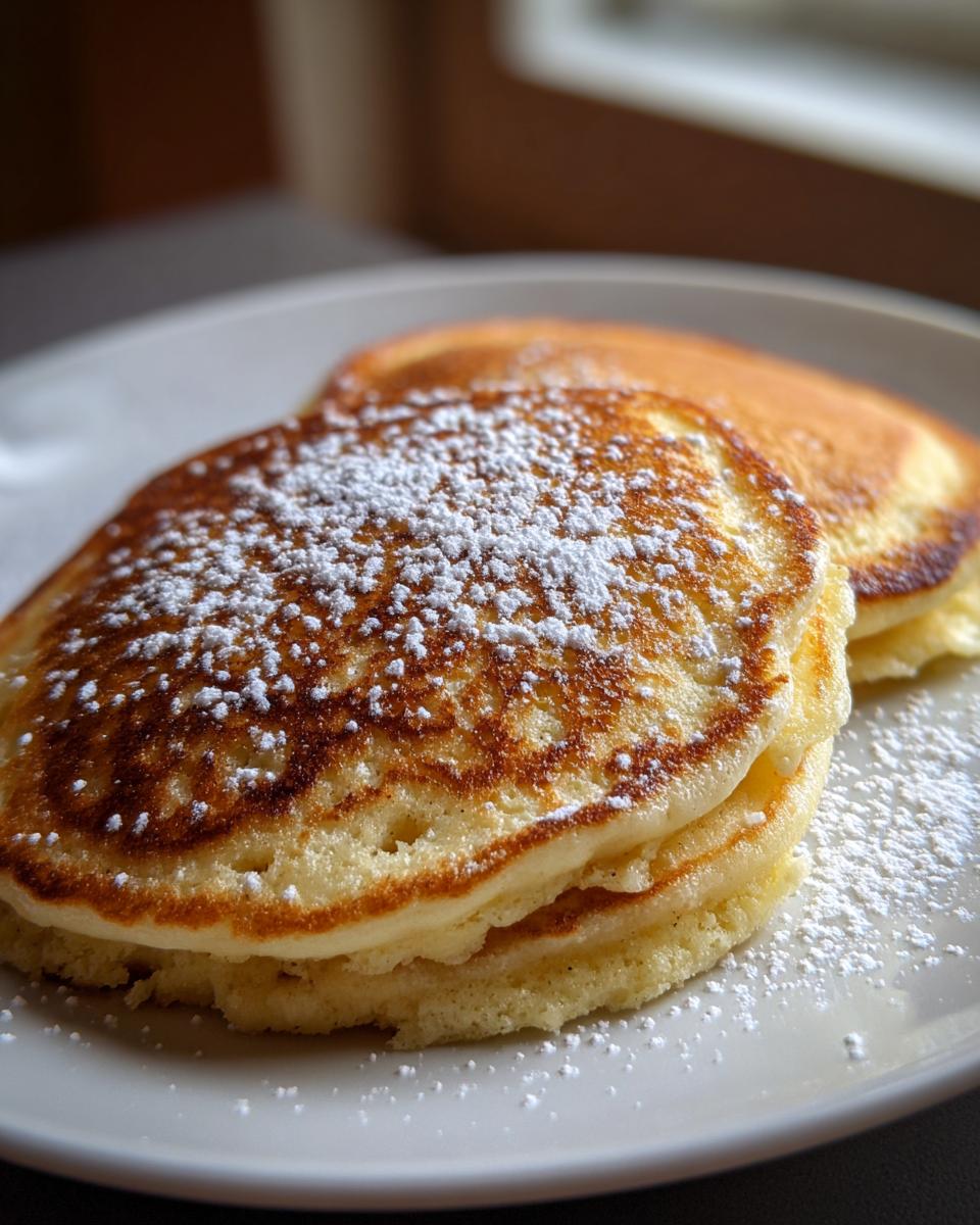 Close-up of a stack of fluffy banana pancakes dusted generously with powdered sugar on a white plate.