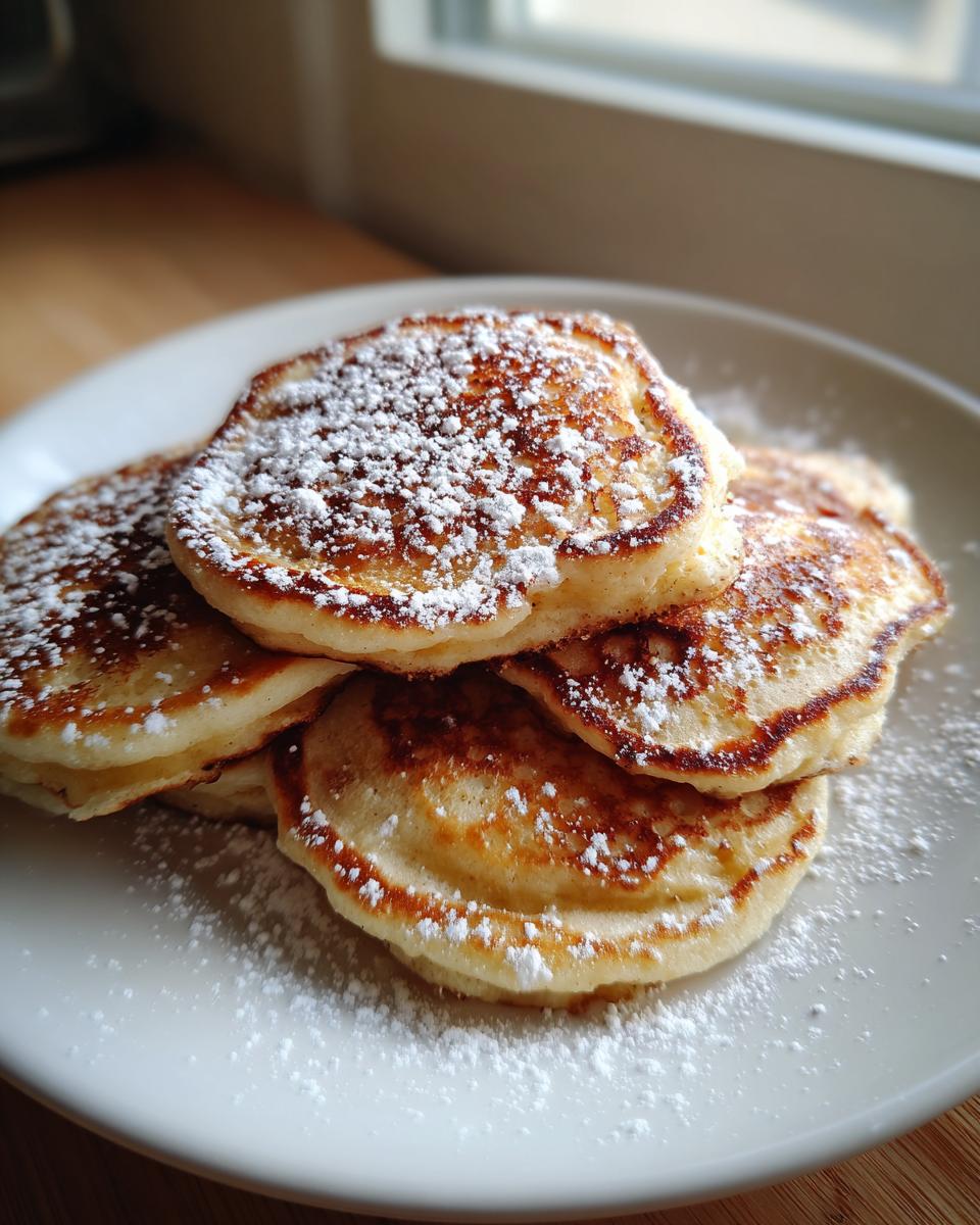 A stack of four fluffy banana pancakes dusted generously with white powdered sugar on a white plate.