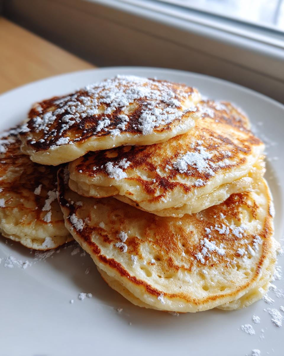 A close-up stack of four fluffy banana pancakes dusted generously with powdered sugar.