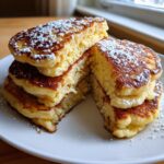 Close-up of a stack of fluffy banana pancakes, cut in half to show the texture, dusted with powdered sugar.