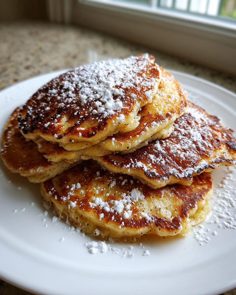 Close-up of a tall stack of fluffy banana pancakes dusted heavily with powdered sugar on a white plate.