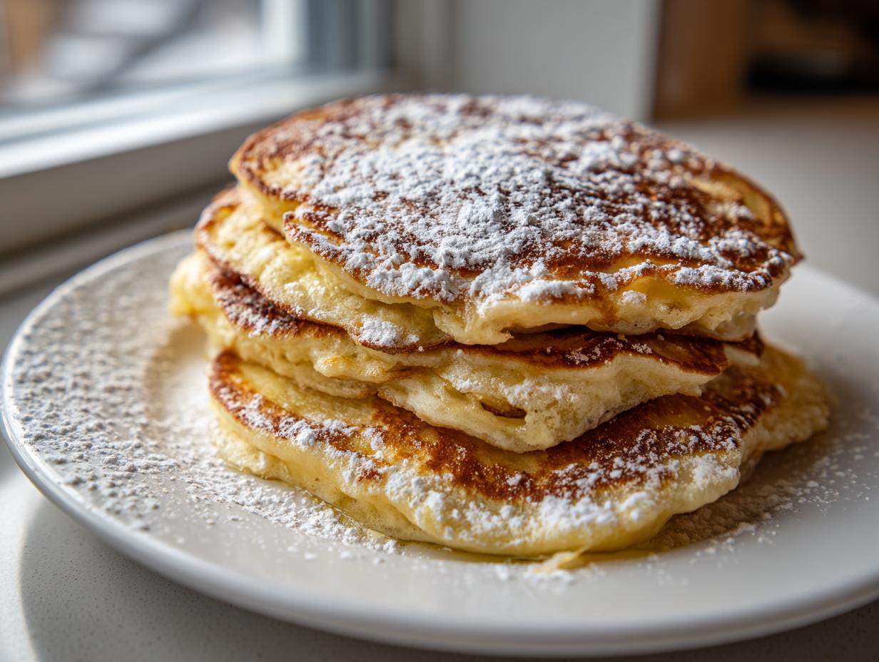 Close-up of a tall stack of fluffy banana pancakes dusted heavily with powdered sugar on a white plate.