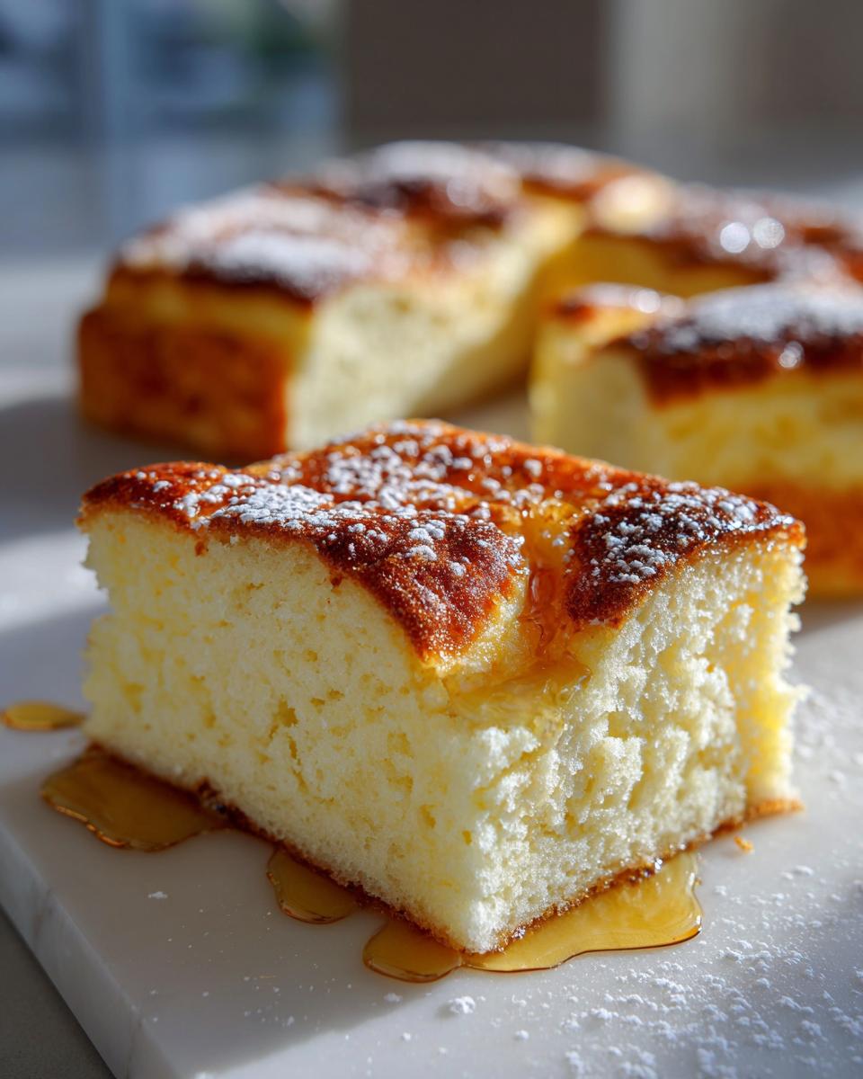 Close-up of a thick, fluffy slice of sheet pan pancakes drizzled with syrup and dusted with powdered sugar.