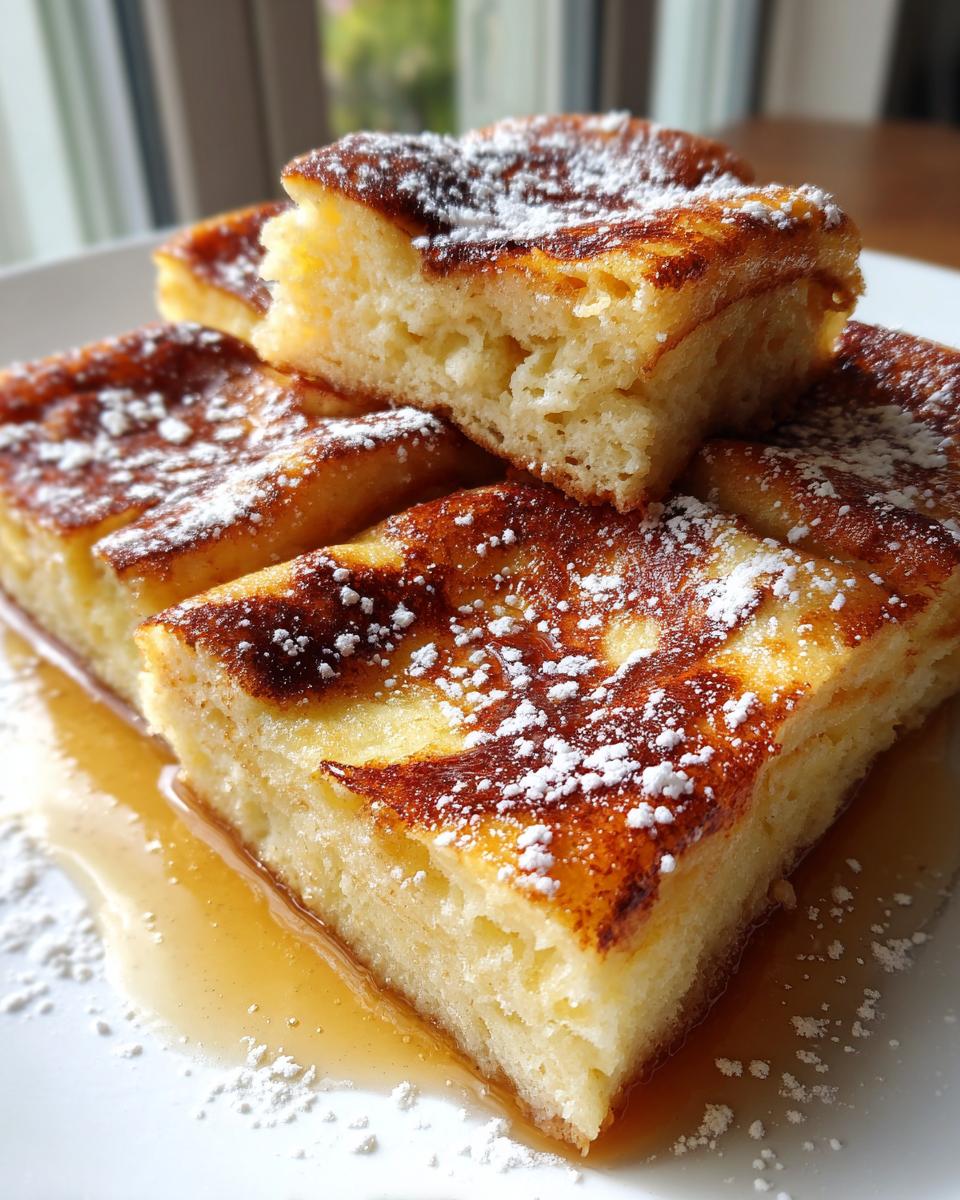 Close-up of thick, fluffy squares of sheet pan pancakes topped with powdered sugar and syrup.