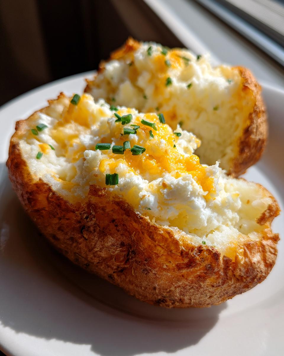 Close-up of a fluffy twice baked potato halved, filled with creamy potato mixture, melted cheddar cheese, and topped with fresh chives.