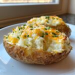 Close-up of a fluffy twice baked potato stuffed with mashed potato, topped with melted cheddar cheese and fresh chives.