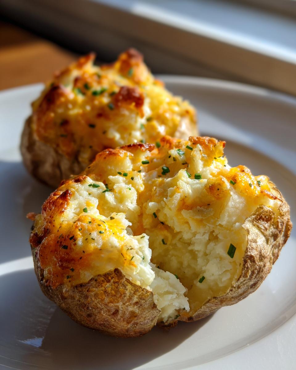 Close-up of a fluffy twice baked potato, split open to show creamy filling and golden melted cheese topping garnished with chives.