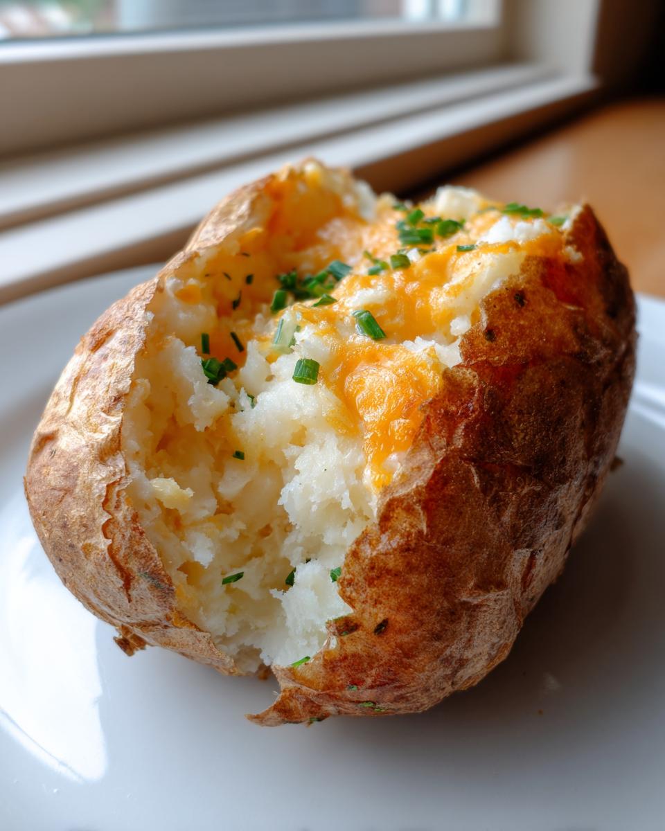 A close-up of a fluffy twice baked potato, split open and topped with melted orange cheddar cheese and fresh chopped chives.