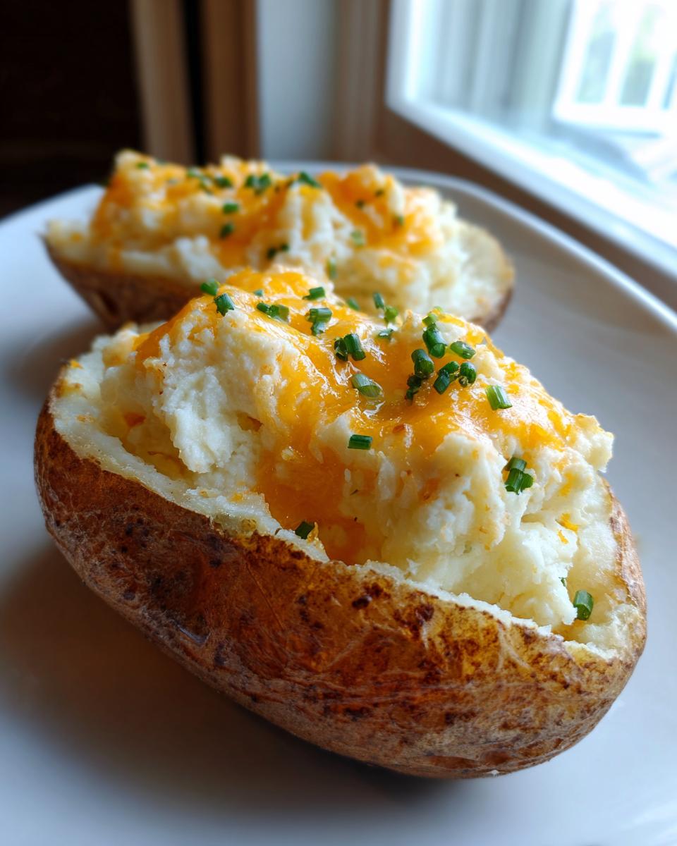 Close-up of a fluffy twice baked potato stuffed with mashed potato, topped with melted cheddar cheese and fresh chives.