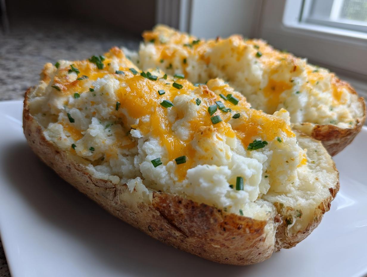 Two servings of fluffy twice baked potatoes stuffed with mashed potato filling, topped with melted cheddar cheese and fresh chives.