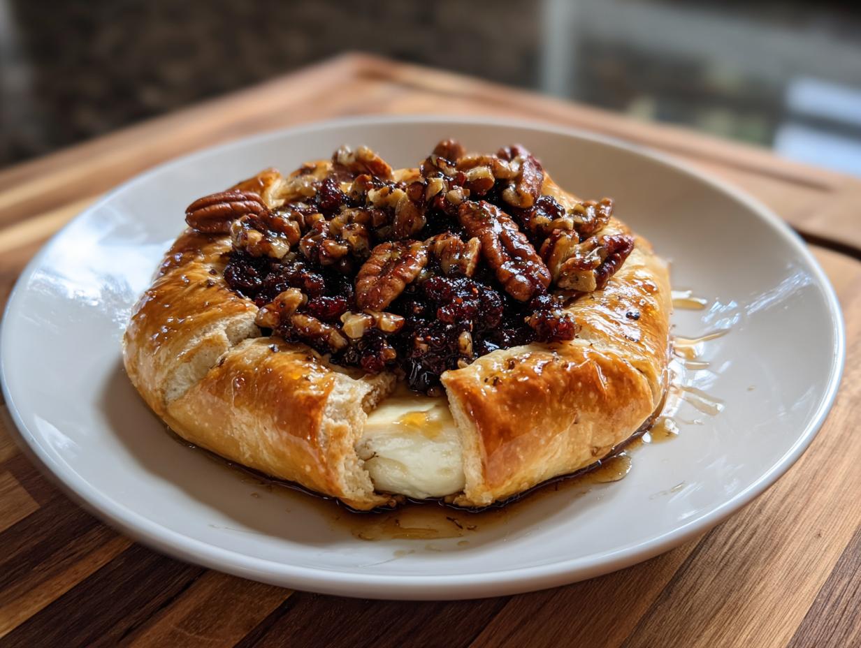 A golden, flaky pastry wrapped baked brie topped with candied pecans and dried fruit, oozing honey on a white plate.