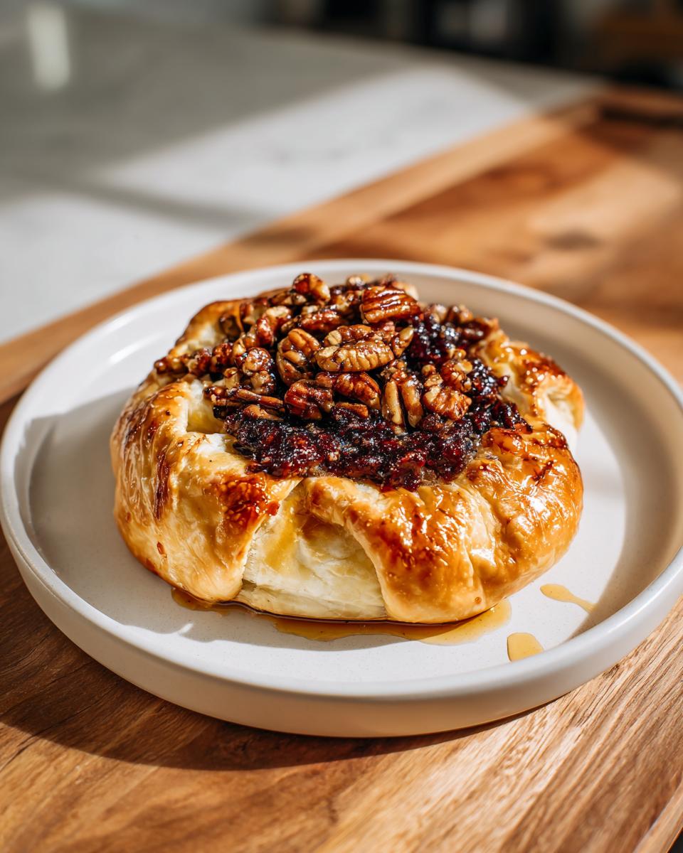 A golden puff pastry wrapped baked brie topped with caramelized pecans and syrup on a white plate.