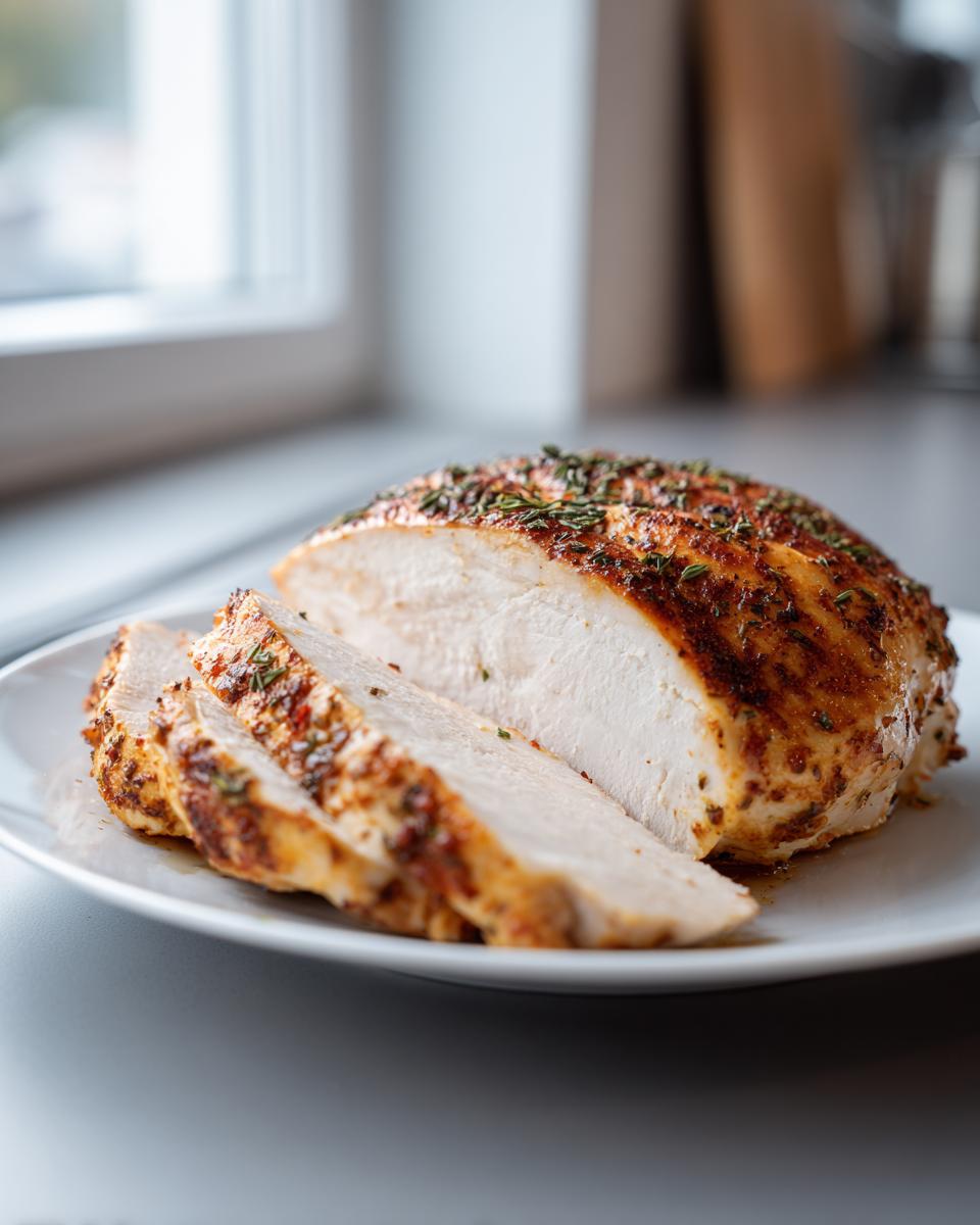 A perfectly cooked baked chicken breast, sliced to show moist white meat, seasoned with herbs.