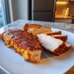 Slices of juicy, well-seasoned baked chicken breast showing a perfectly cooked white interior.