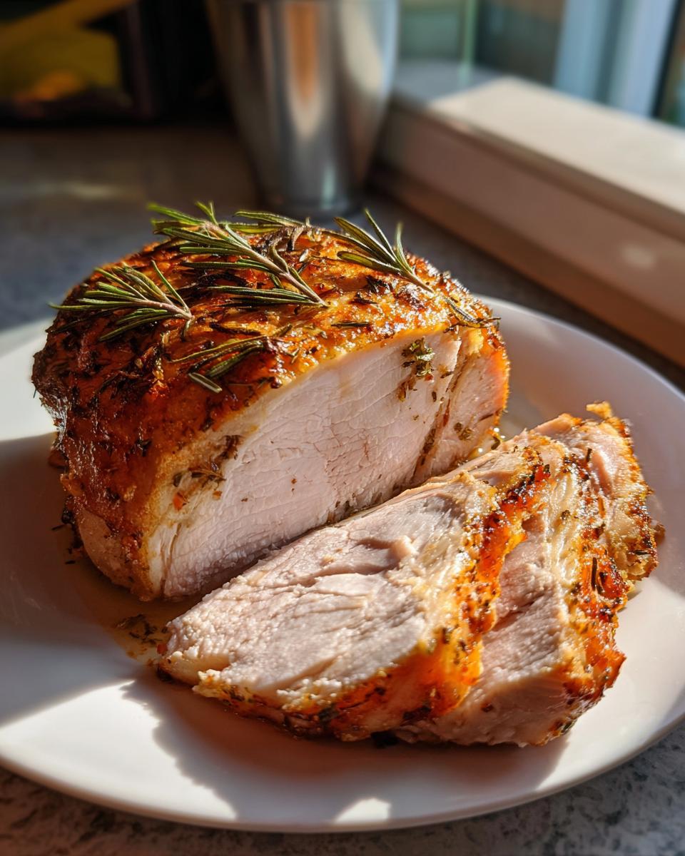 A perfectly cooked, sliced baked chicken breast seasoned with herbs and topped with fresh rosemary sprigs.