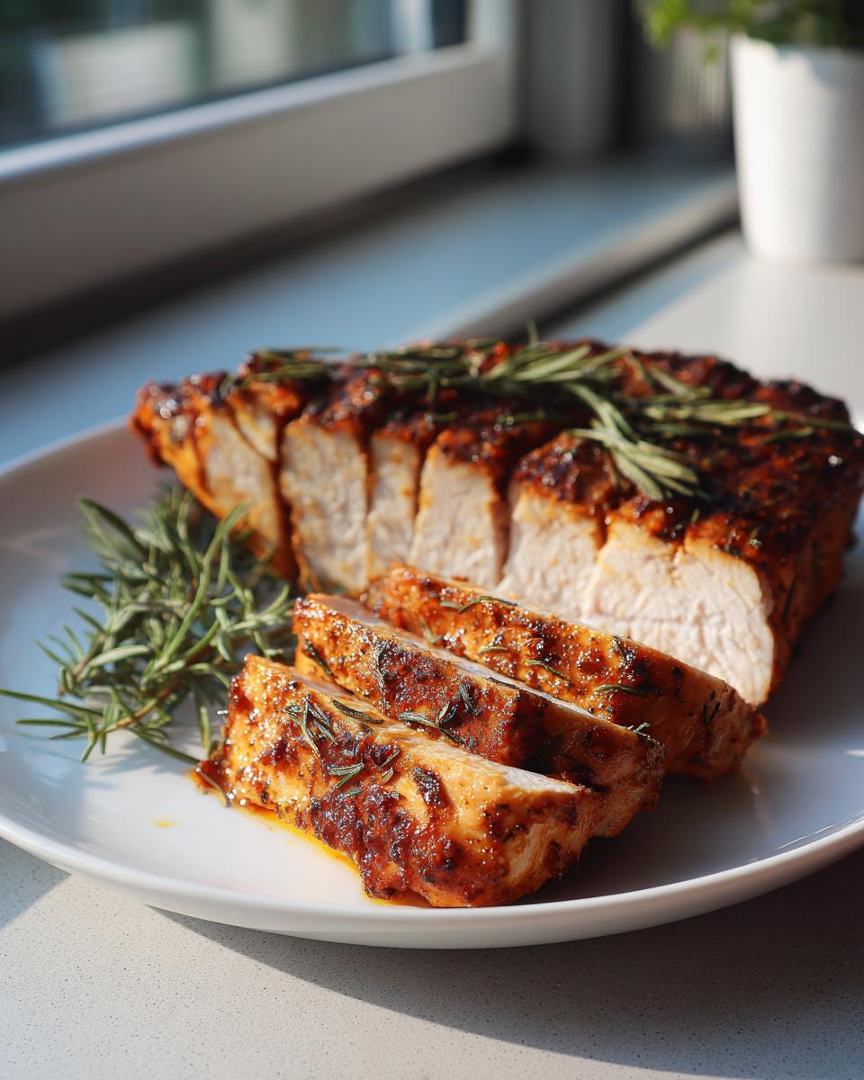 Slices of perfectly cooked baked chicken breast, glazed with spices and topped with fresh rosemary sprigs.