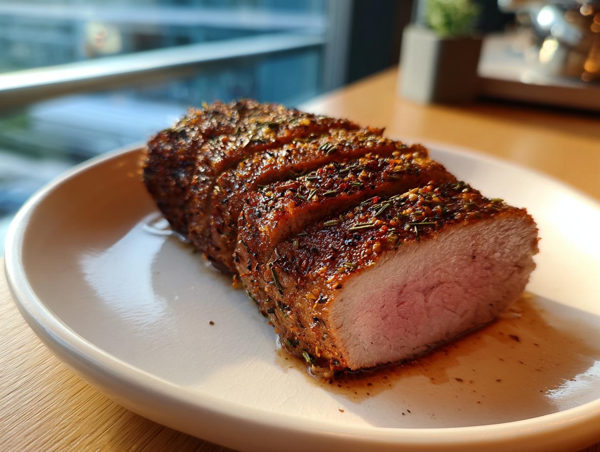 Close-up of a juicy, sliced baked chicken breast coated in herbs and spices resting in its juices.