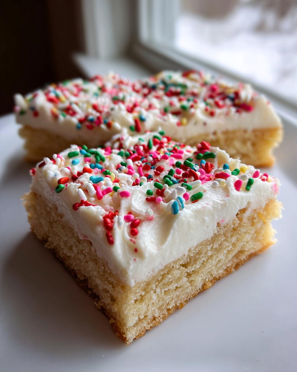 A close-up of two delicious sugar cookie bars topped with thick white frosting and colorful rainbow sprinkles.