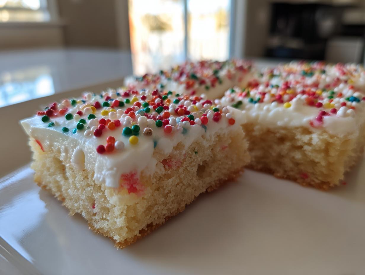 A close-up of a square slice of soft, yellow sugar cookie bars topped with white frosting and colorful rainbow sprinkles.