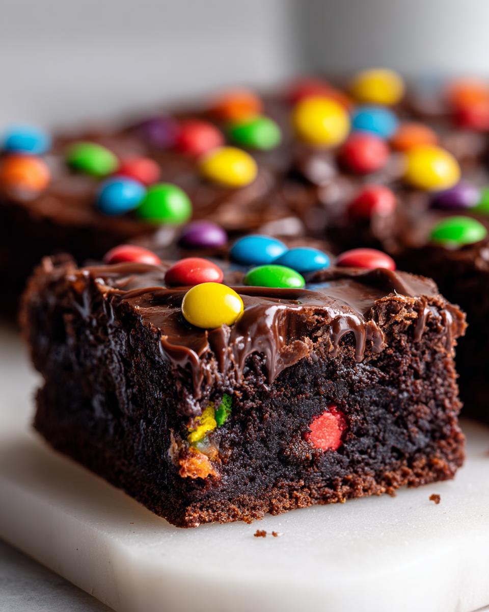 A thick, fudgy square of cosmic brownies topped with rich chocolate frosting and colorful candy-coated chocolates.