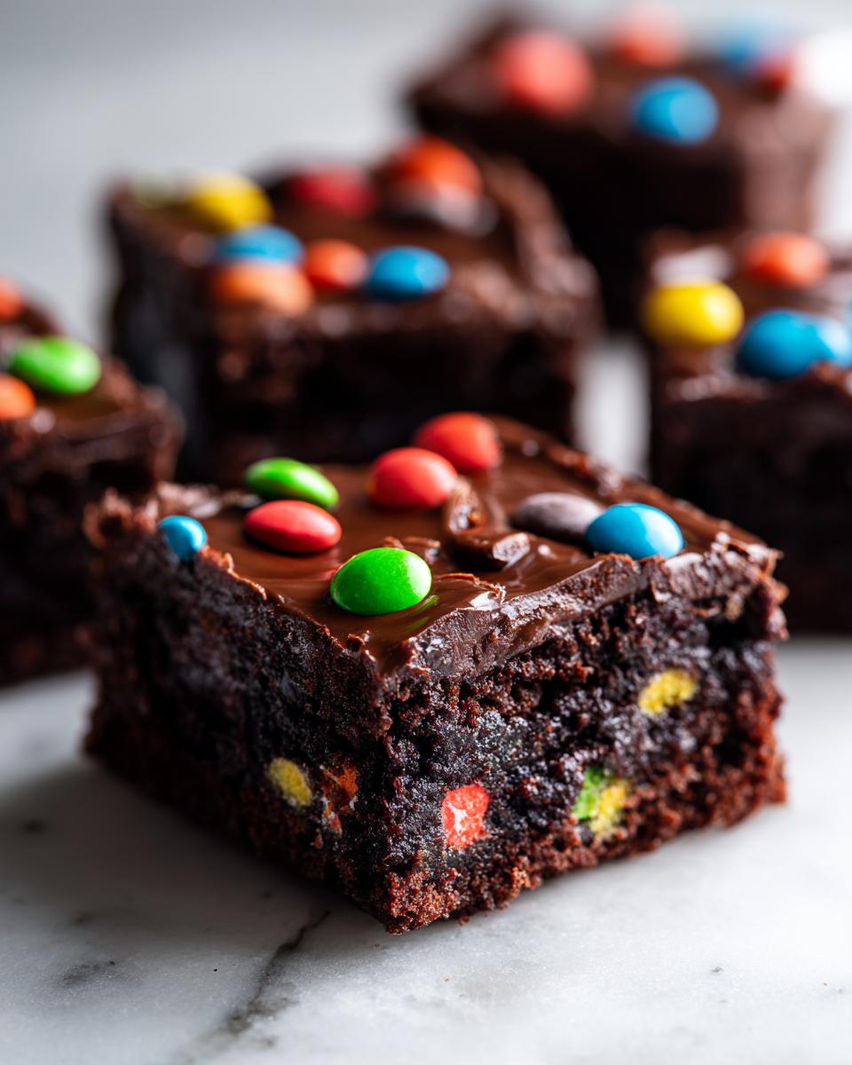 Close-up of a fudgy cosmic brownie square topped with chocolate frosting and colorful candies.