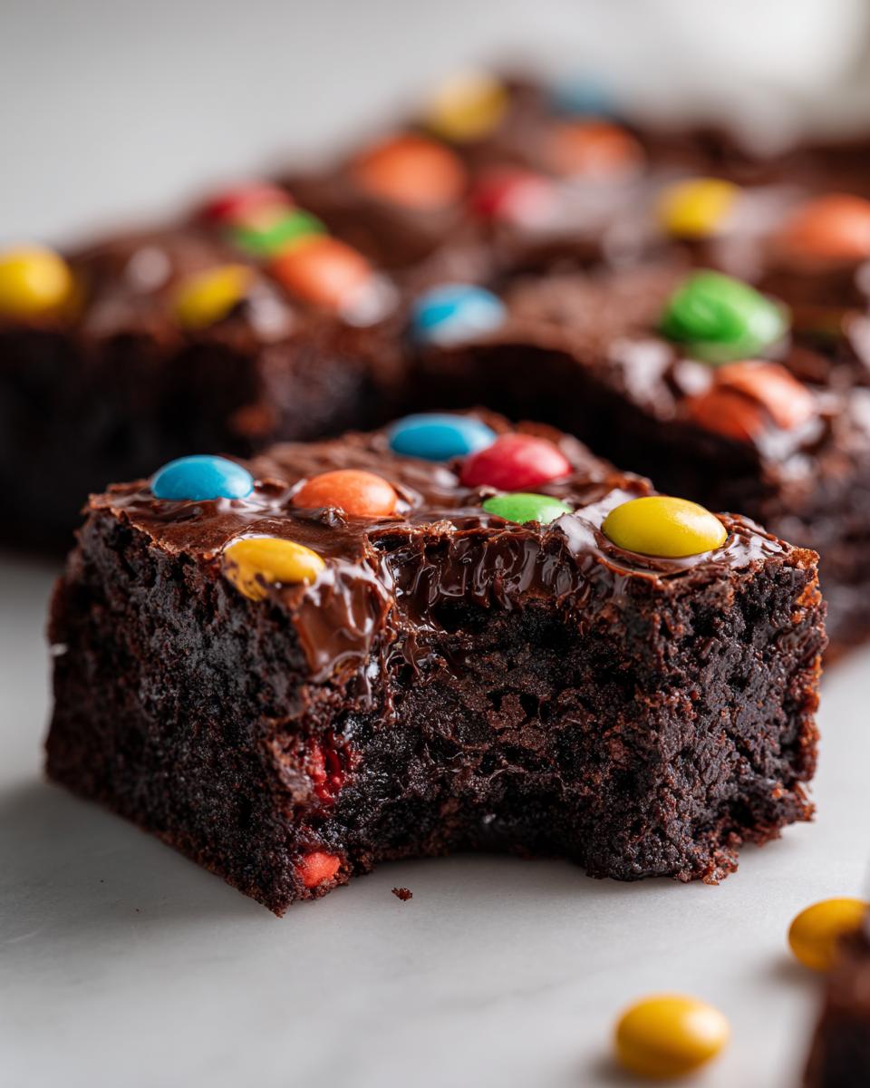Close-up of a fudgy cosmic brownies square with a bite taken out, topped with melted chocolate and colorful candies.