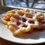 Close-up of golden fried funnel cake recipe dusted heavily with powdered sugar on a white plate.